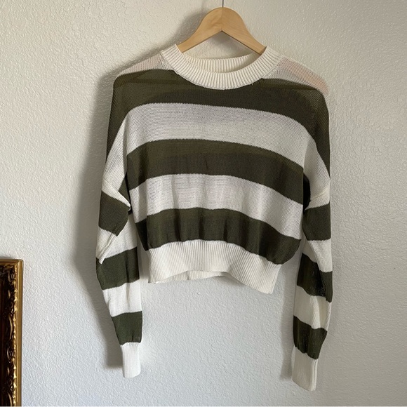 Madewell Loose Knit Crewneck Cropped Lightweight Striped Green White Sweater S - Picture 8 of 8